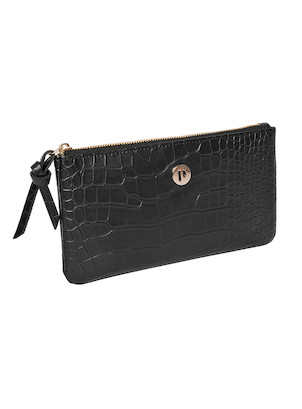 Billetera elegante rectangular negra con acabado brillante y sello metálico dorado.