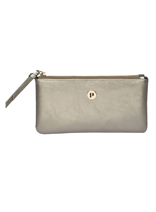 Billetera elegante acero mujer con textura brillante y cremallera