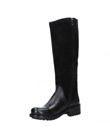 Bota negra de cuero casual para mujer con taco bloque y punta redonda.