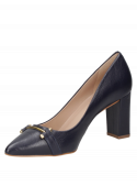 Zapato azul de cuero para mujer, estilo casual con taco bloque de 8 cm y punta puntiaguda.